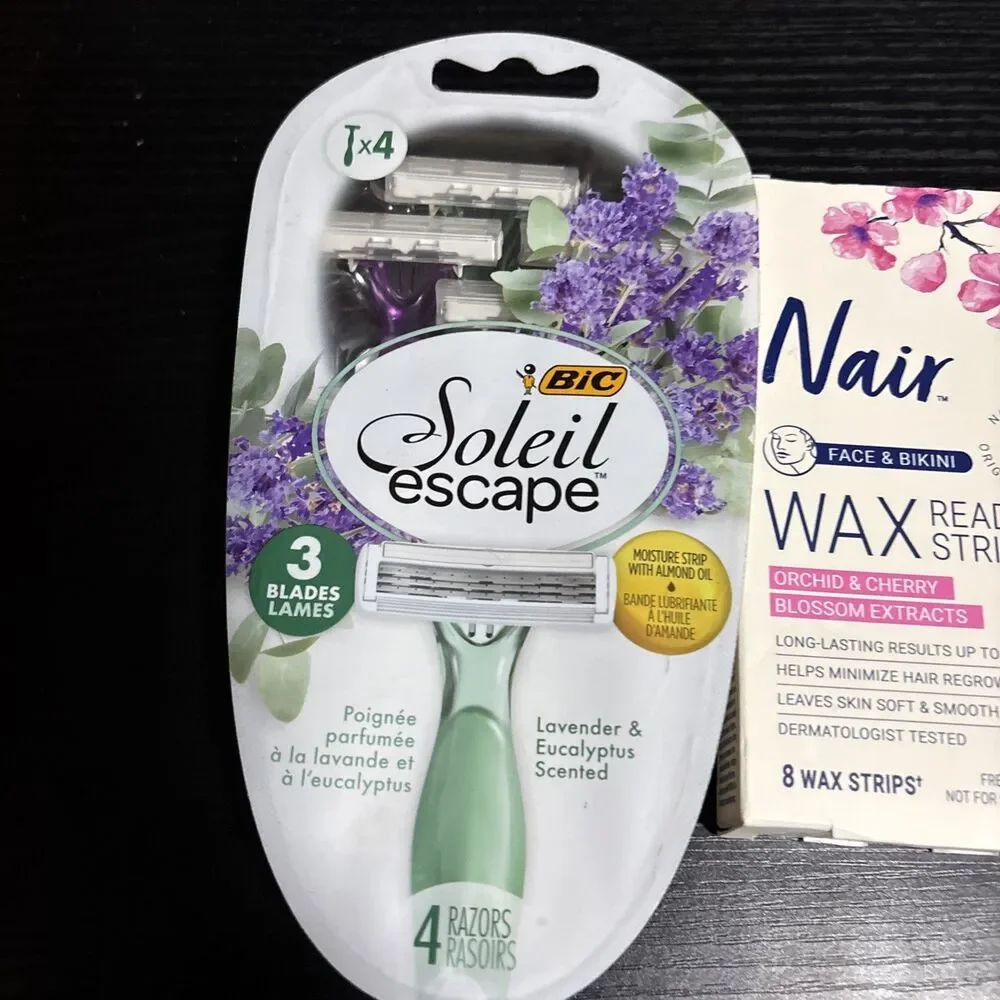 Nair Hair Remover Wax Ready Strips for Face & Bikini 8 Ct ORCHID CHERRY & Razors